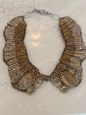 Anthropologie Beaded Statement Collar Necklace in Beige and Gold